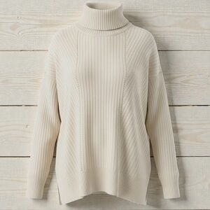 Magaschoni 100% Cashmere Turtleneck Ribbed Pointelle Large Ivory Relaxed Fit